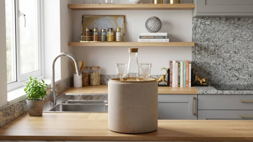 Elegant kitchen with modern decor, wooden accents, and a neutral color palette for a stylish cooking.