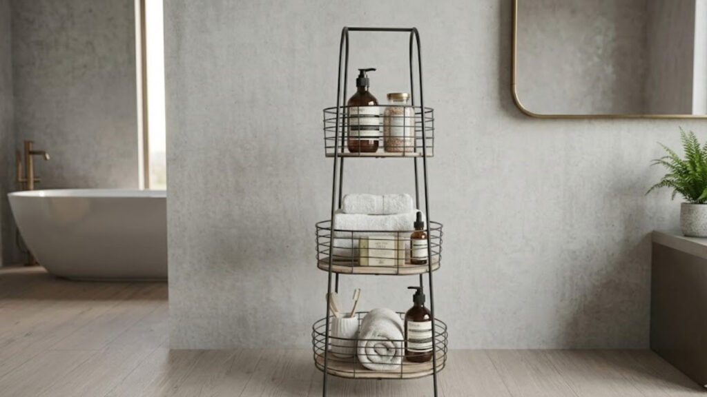 Bathroom storage rack with towels and toiletries in a modern home.