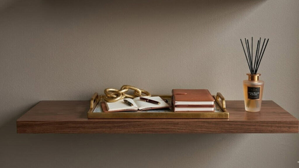 A comfortable wooden shelf with decorative items including a reed diffuser, books, and a gold chain.