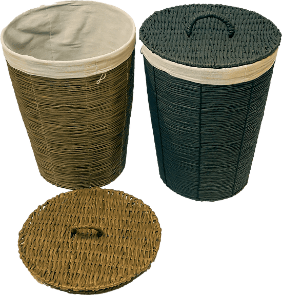 Woven round laundry baskets duo with removable lids, stylish and functional for laundry organization.