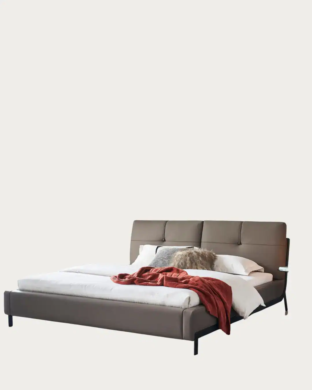 The Home Emporium, The Dainty Bed, modern upholstered bed frame in taupe with plush headboard.