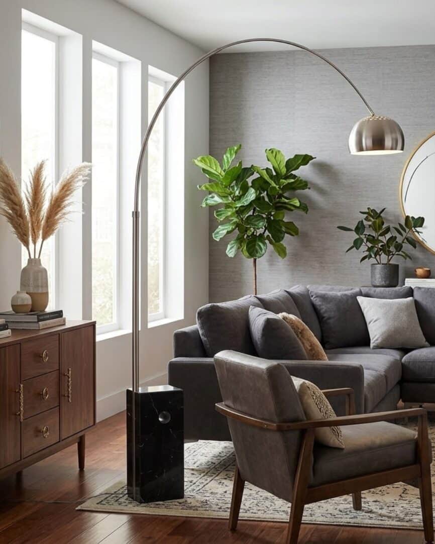Large black marble-based floor lamp with curved metal arm in modern living room.