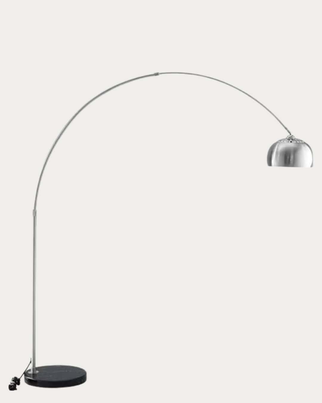 Modern round marble base floor lamp with black finish and adjustable arc design.