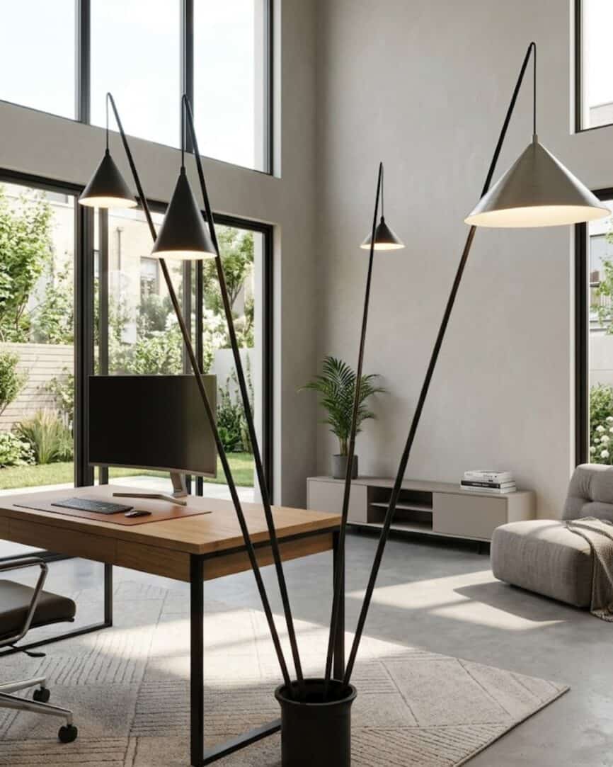 Giant 4 Bulb Floor Lamp in black and white with tall, sleek design for modern living spaces.