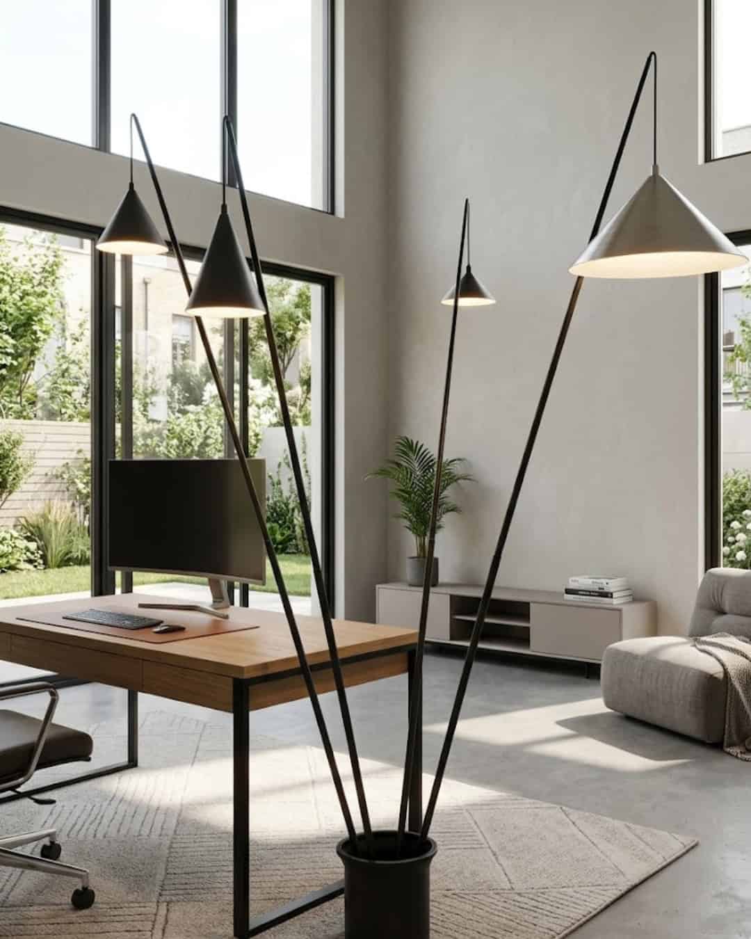 Giant 4 Bulb Floor Lamp in black and white with tall, sleek design for modern living spaces.