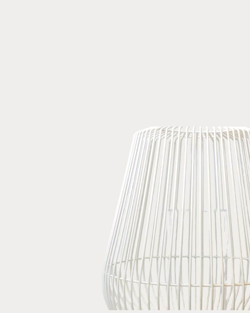White hurricane lantern with a modern, open-frame design, perfect for outdoor or indoor decor.