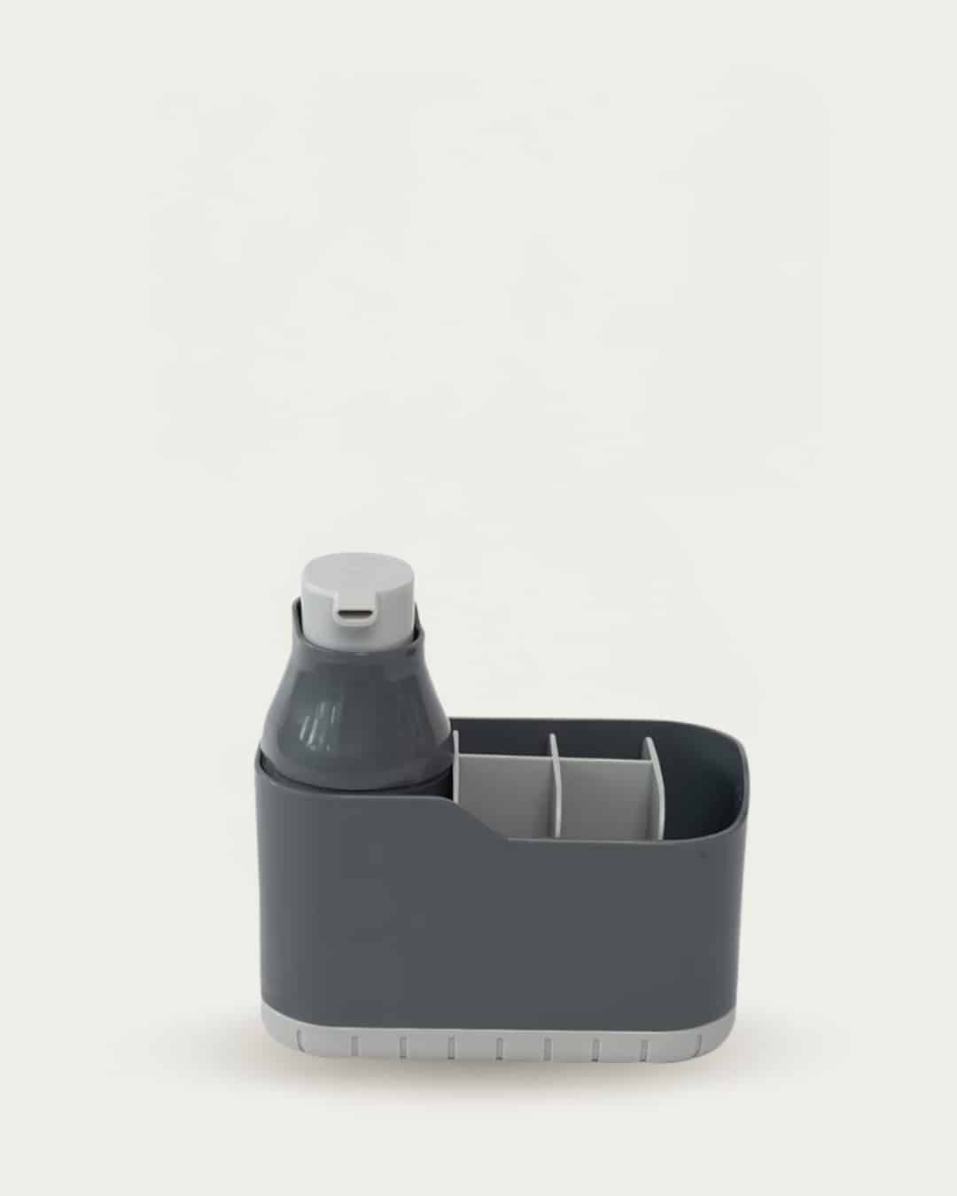 Modern grey pump soap dispenser with divided storage for bathroom or kitchen use.