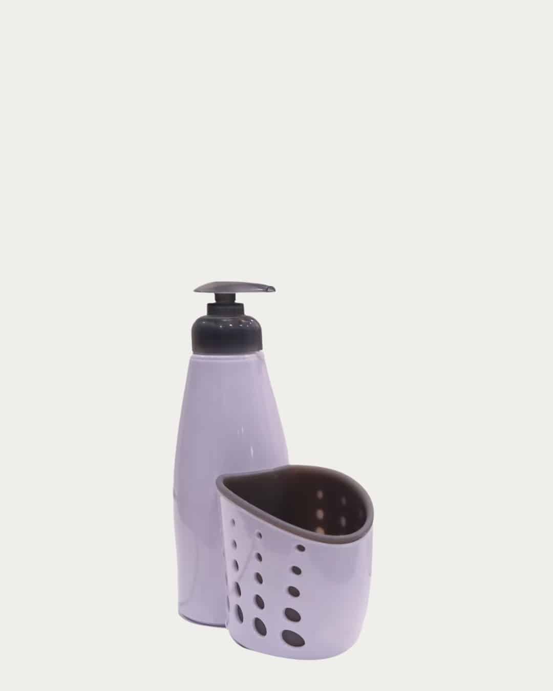 Soap bottle and sponge caddy set for organized kitchen or bathroom storage.