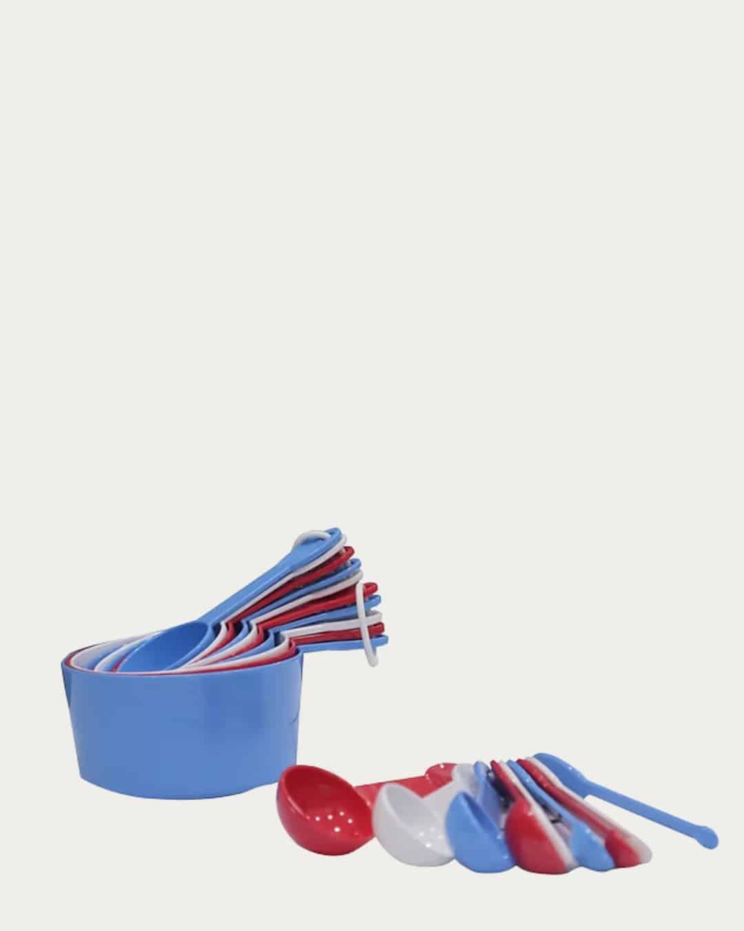 Brightly colored measuring spoons set in blue, red, and white for precise cooking and baking measure.