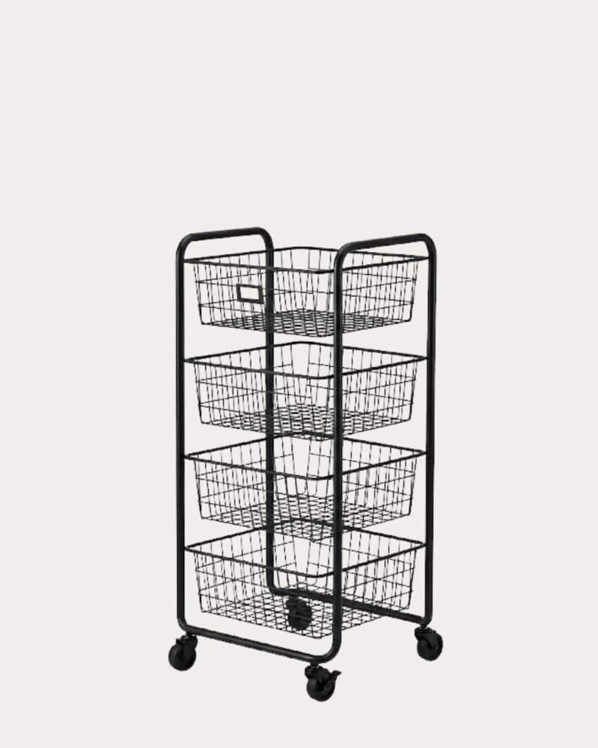 Sturdy 4-Tier Rolling Storage Trolley with wire baskets for versatile organization and mobility.