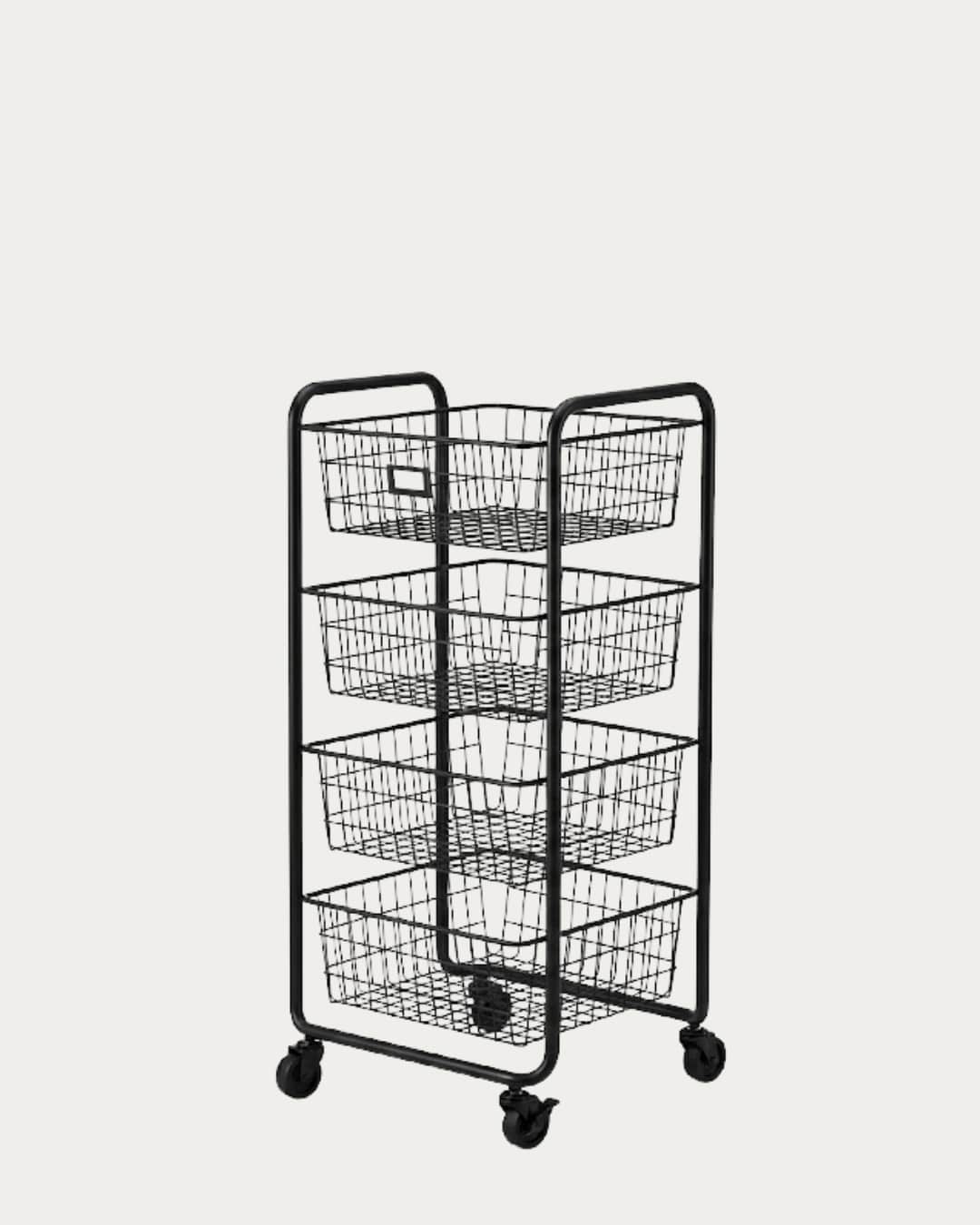 Sturdy 4-Tier Rolling Storage Trolley with wire baskets for versatile organization and mobility.