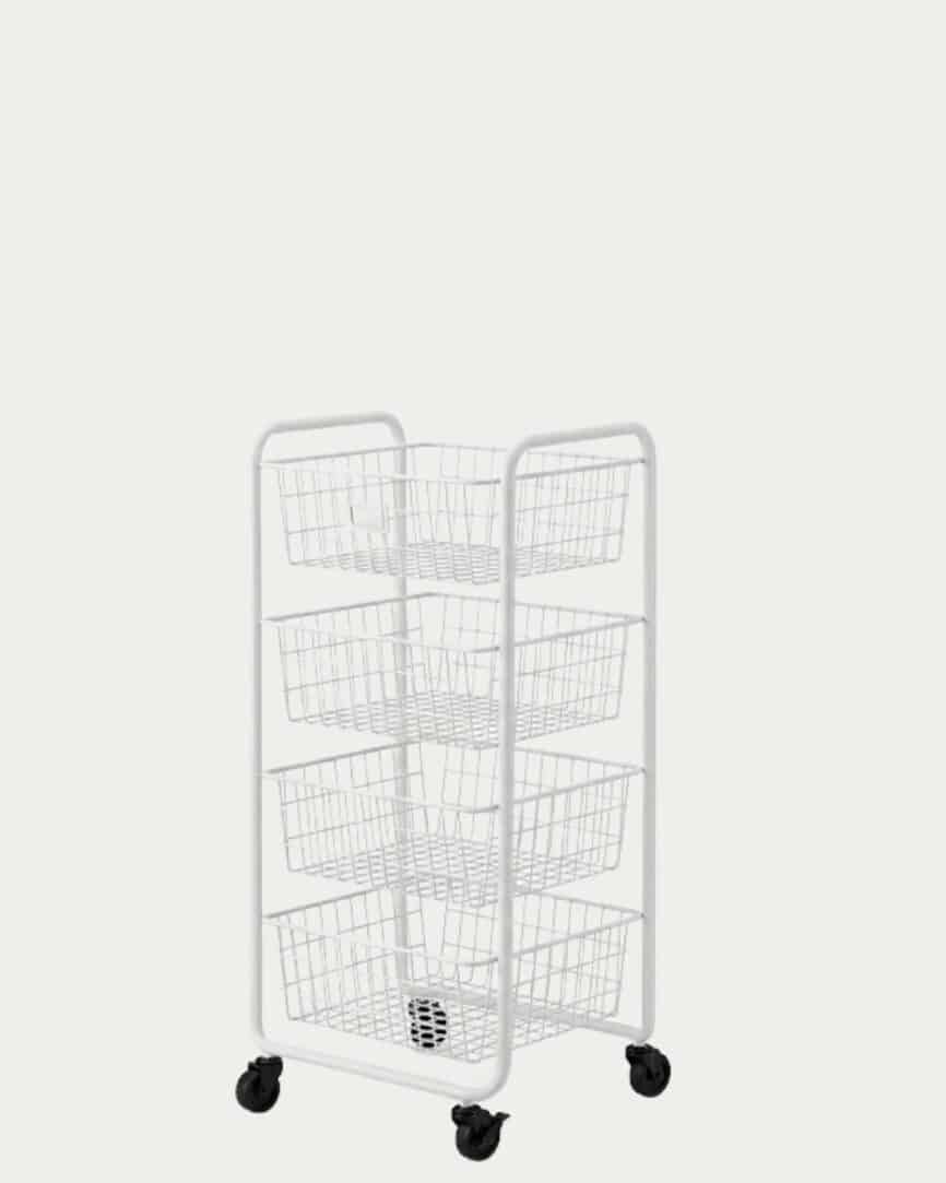 Multi-tier white rolling storage trolley with wire baskets for versatile organization and mobility.
