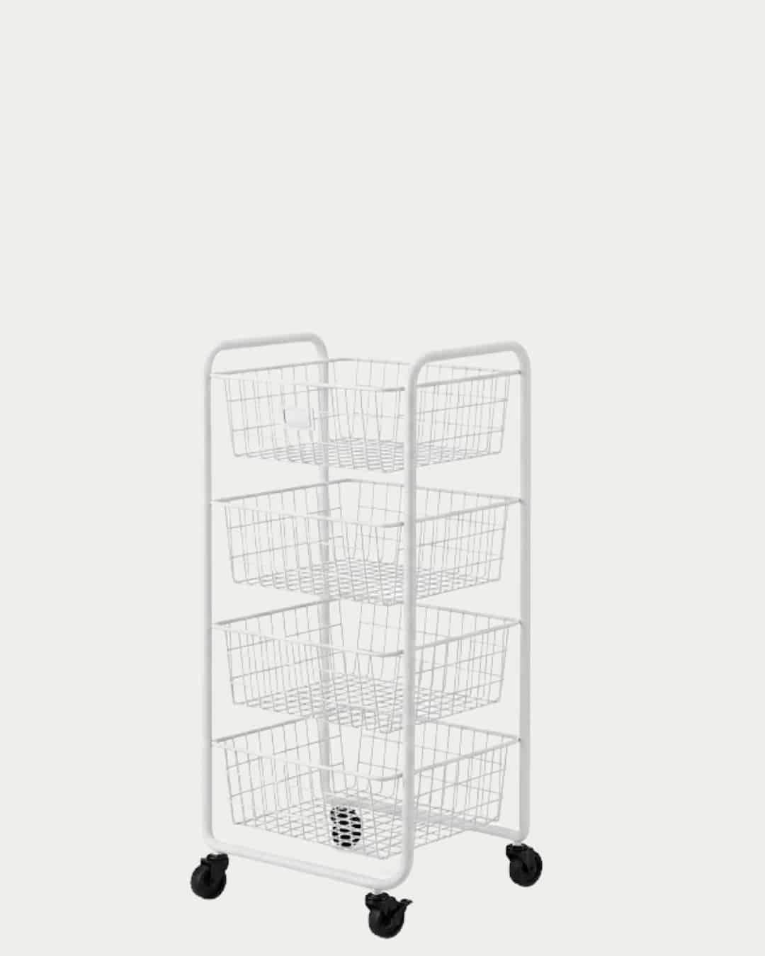 Multi-tier white rolling storage trolley with wire baskets for versatile organization and mobility.
