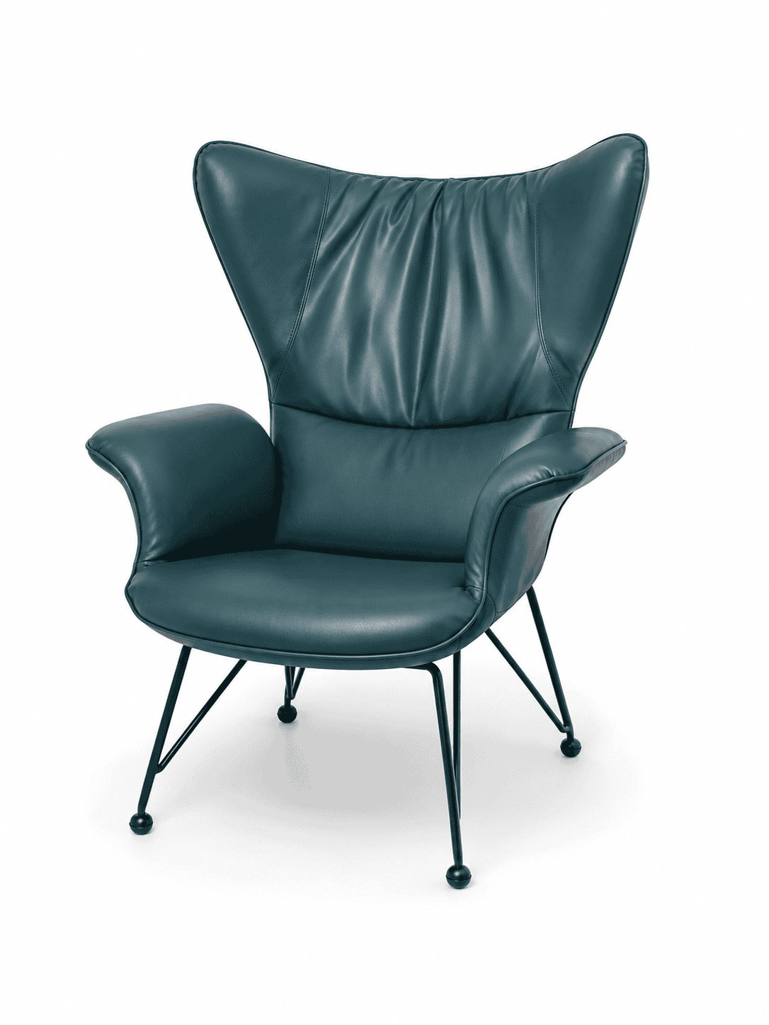 Modern teal single arm chair with sleek metal legs and wingback design.