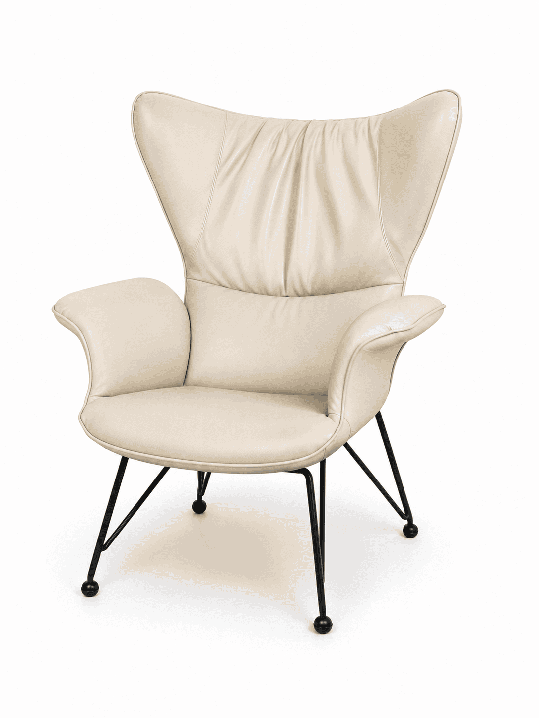 Elegant cream-colored single arm chair with black metal legs for modern living rooms.
