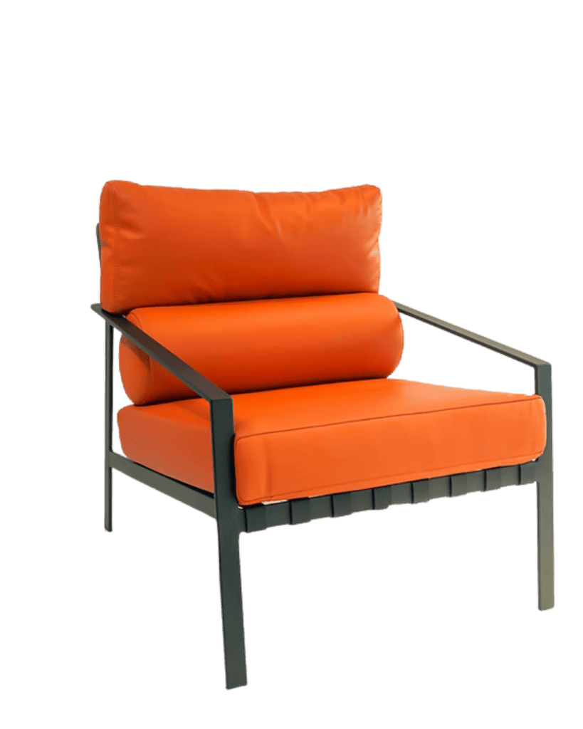 Orange modern outdoor lounge chair with black metal frame, perfect for stylish patio seating.