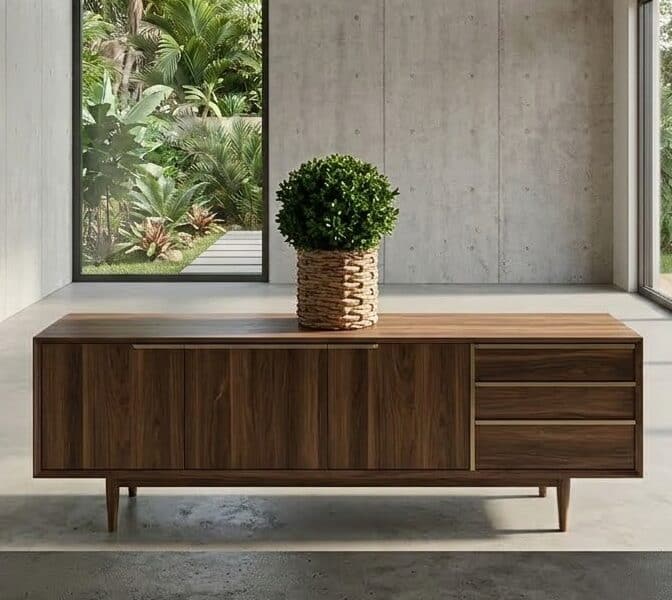 A modern wooden sideboard with a potted plant on top, set against a concrete wall and large window w.