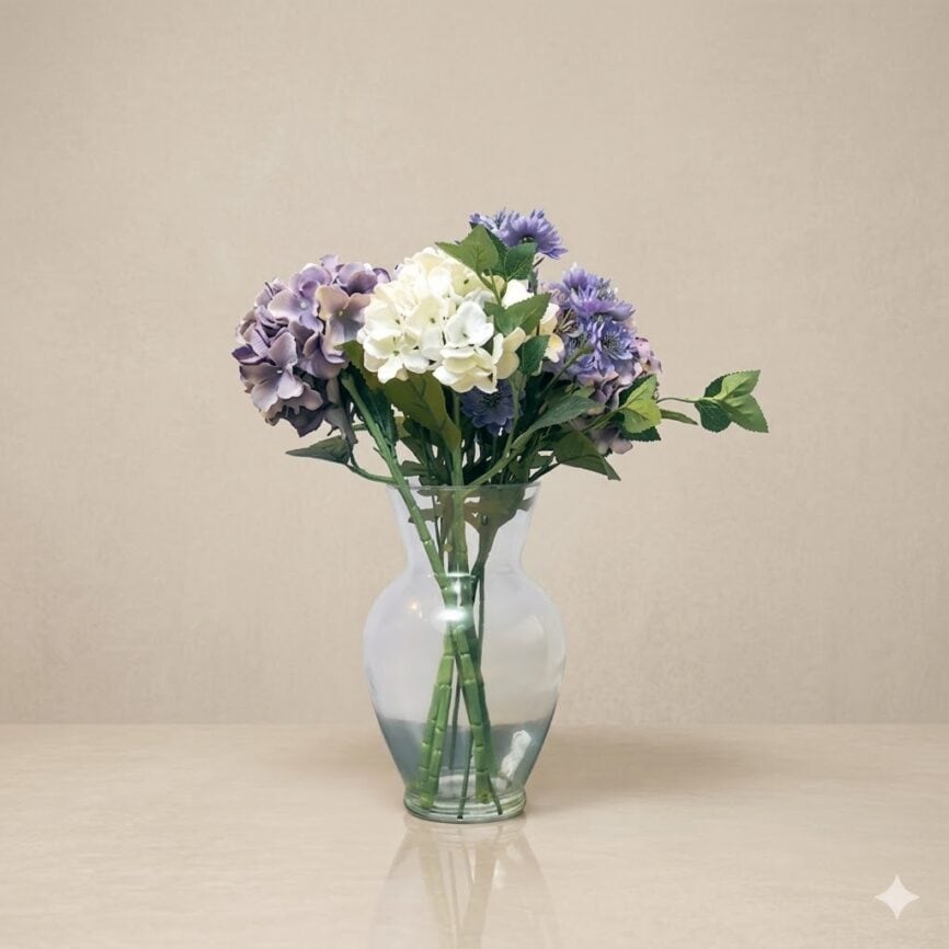 Hydrangea flower bouquet in a clear glass vase, decorative home floral arrangement.