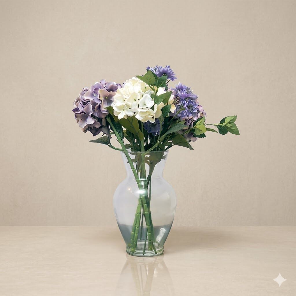 Hydrangea flower bouquet in a clear glass vase, decorative home floral arrangement.