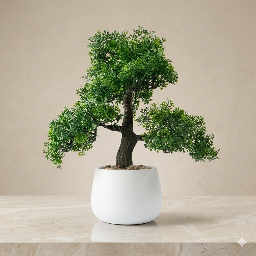 Small bonsai tree in white ceramic pot, perfect for home decor and indoor gardening.