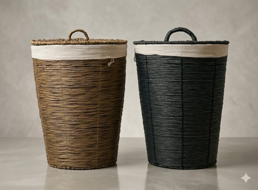 Wicker laundry baskets with handles, stylish storage solutions for home organization.