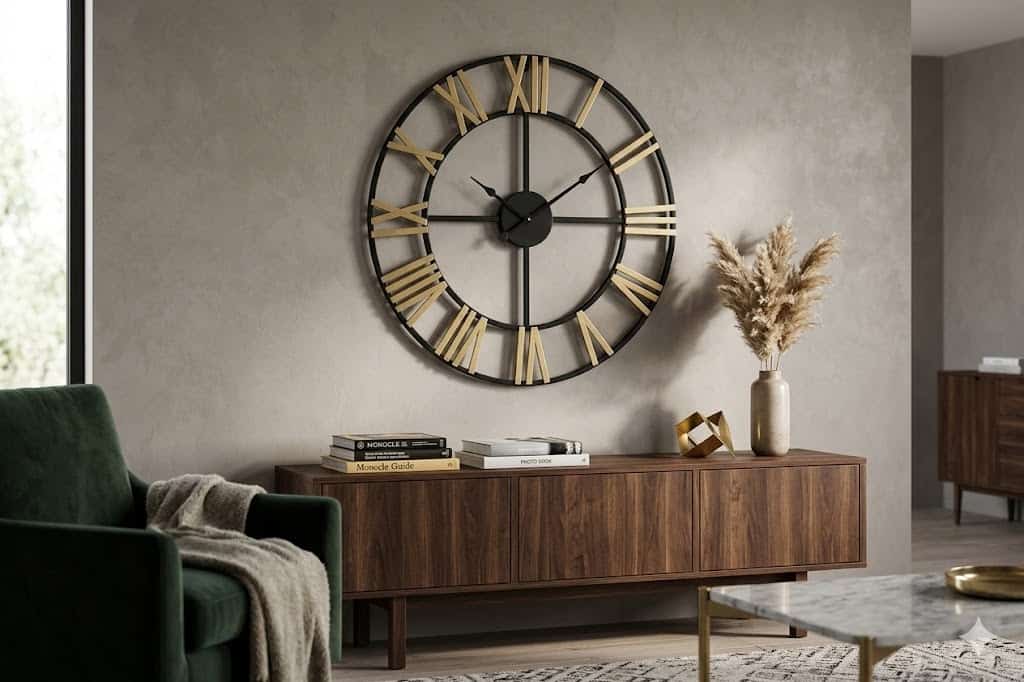 Elegant black and gold skeleton wall clock for modern home decor.