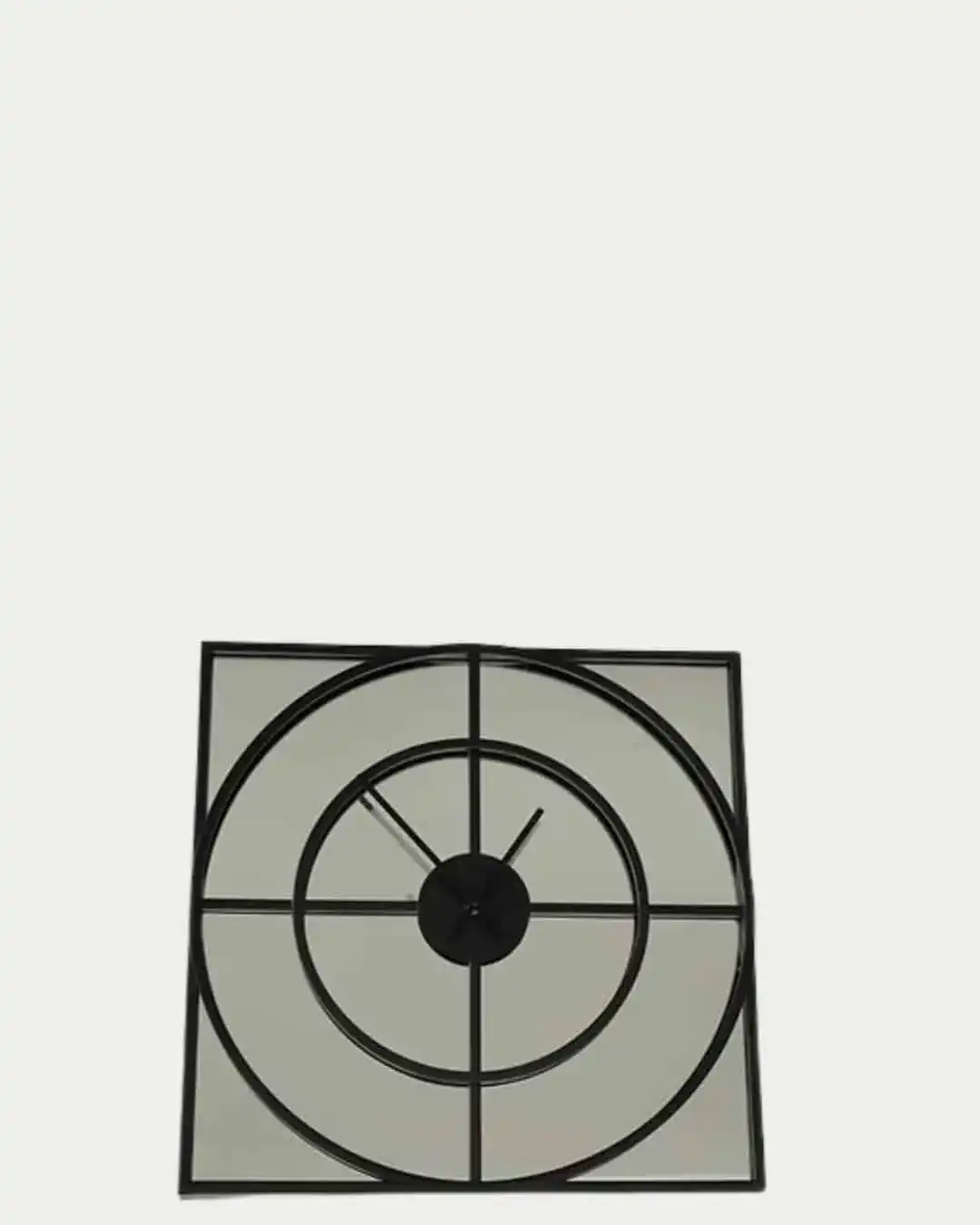 Black squared mirrored clock with geometric design, modern home decor piece.