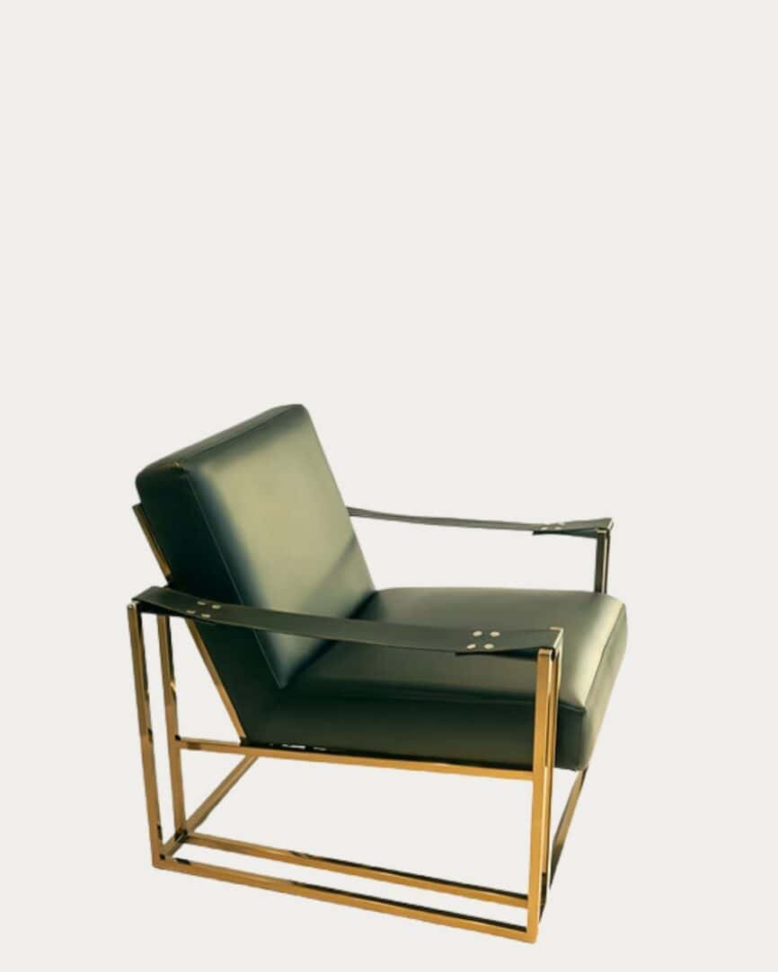 Black Mona arm chair with a sleek black cushion and gold metal frame, modern and stylish for contemp.