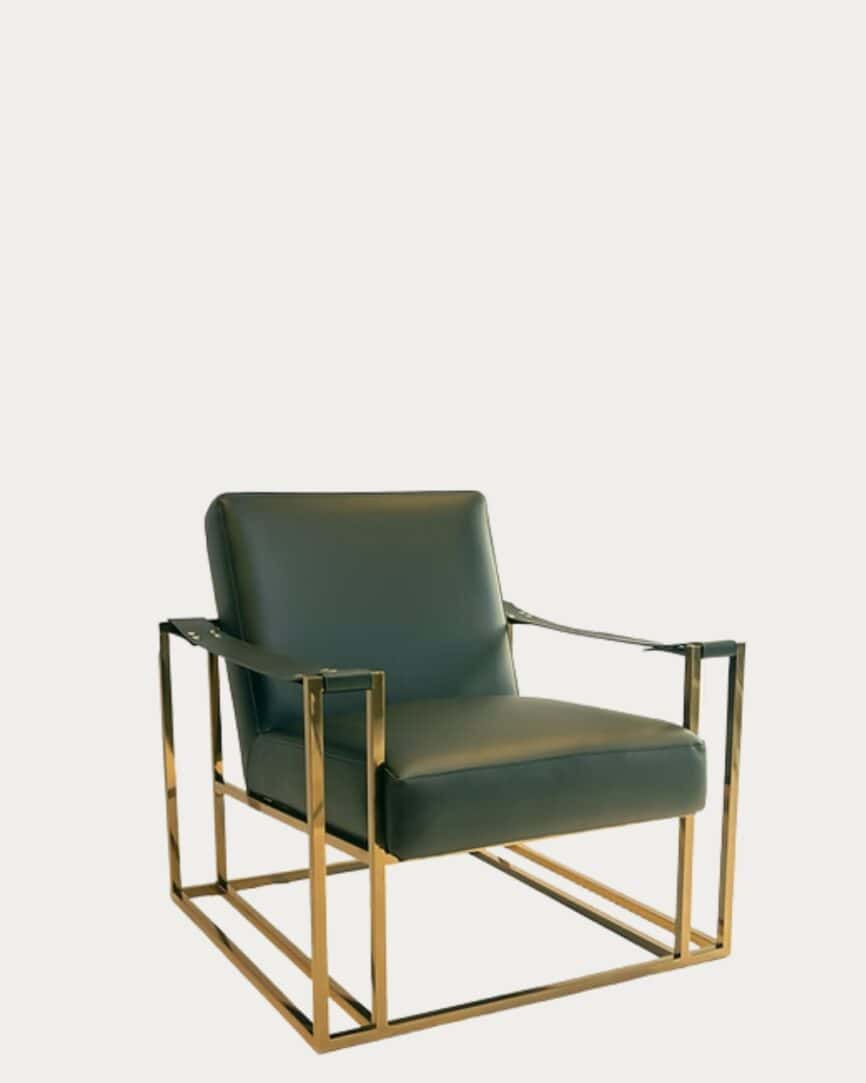 Black Mona arm chair with gold metal frame, modern and stylish seating for living room decor.