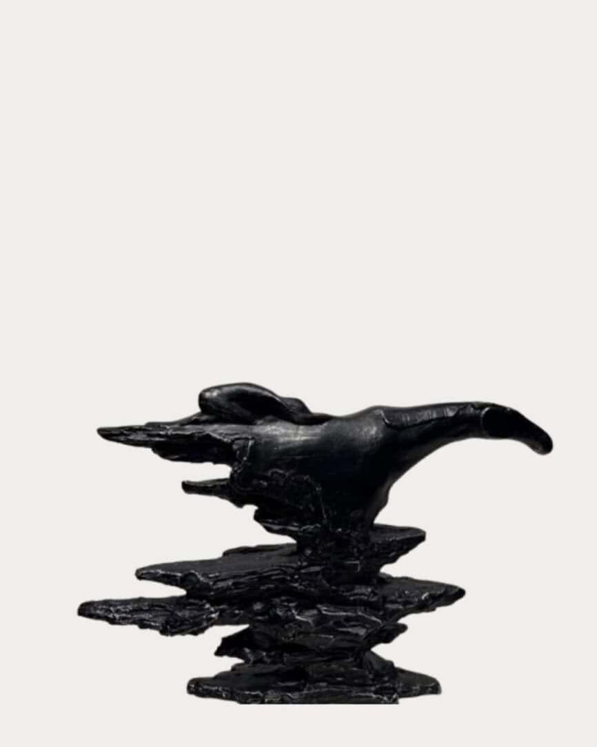 Black Rock Resin Sculpture, modern black abstract art piece, perfect for home decor or garden accent.