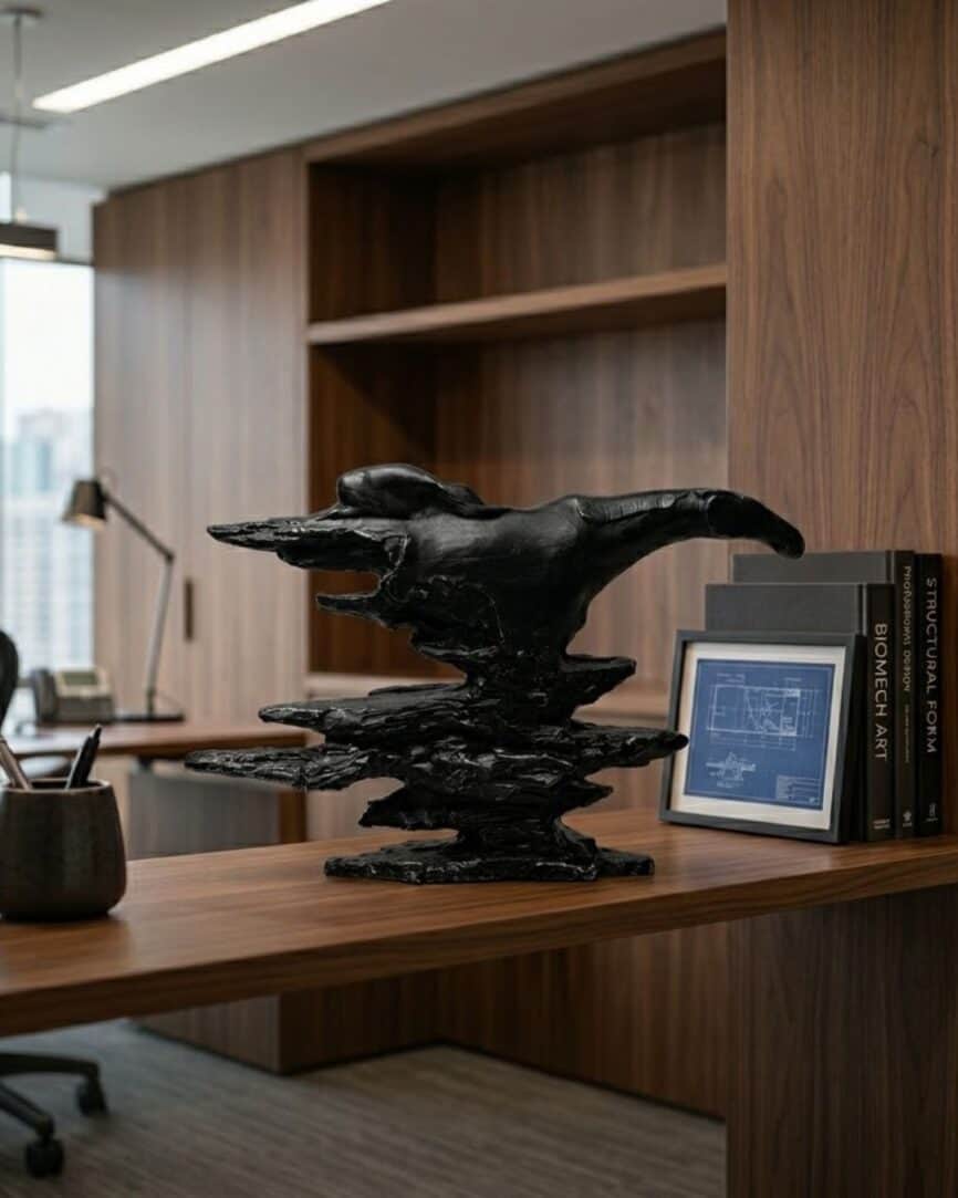Black Rock Resin Sculpture on wooden desk in modern office setting.