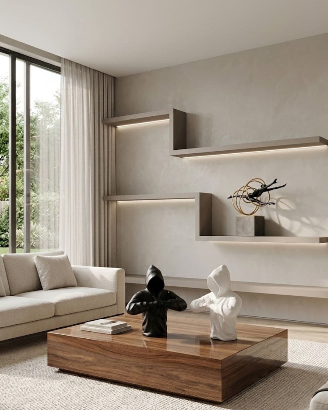 Black and white abstract sculptures in modern living room with minimalist decor and large window.