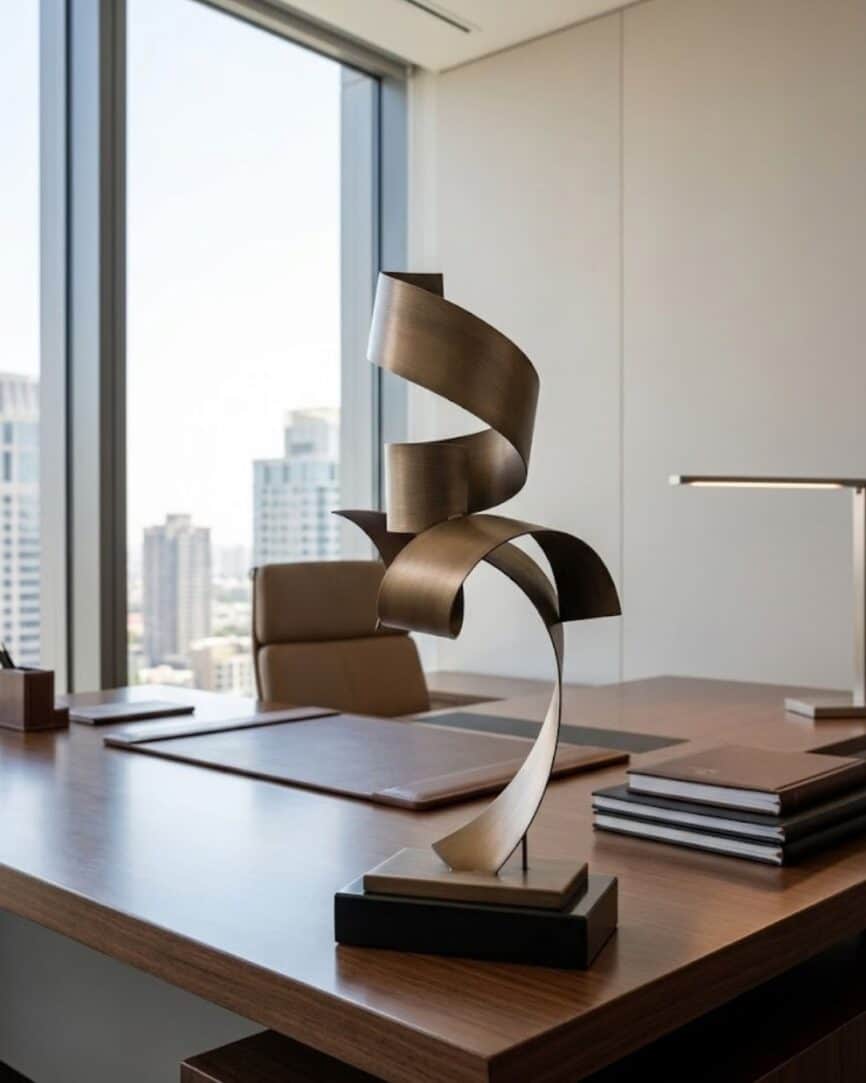 Bronze spiral metal ornament on black marble surface in modern office decor.