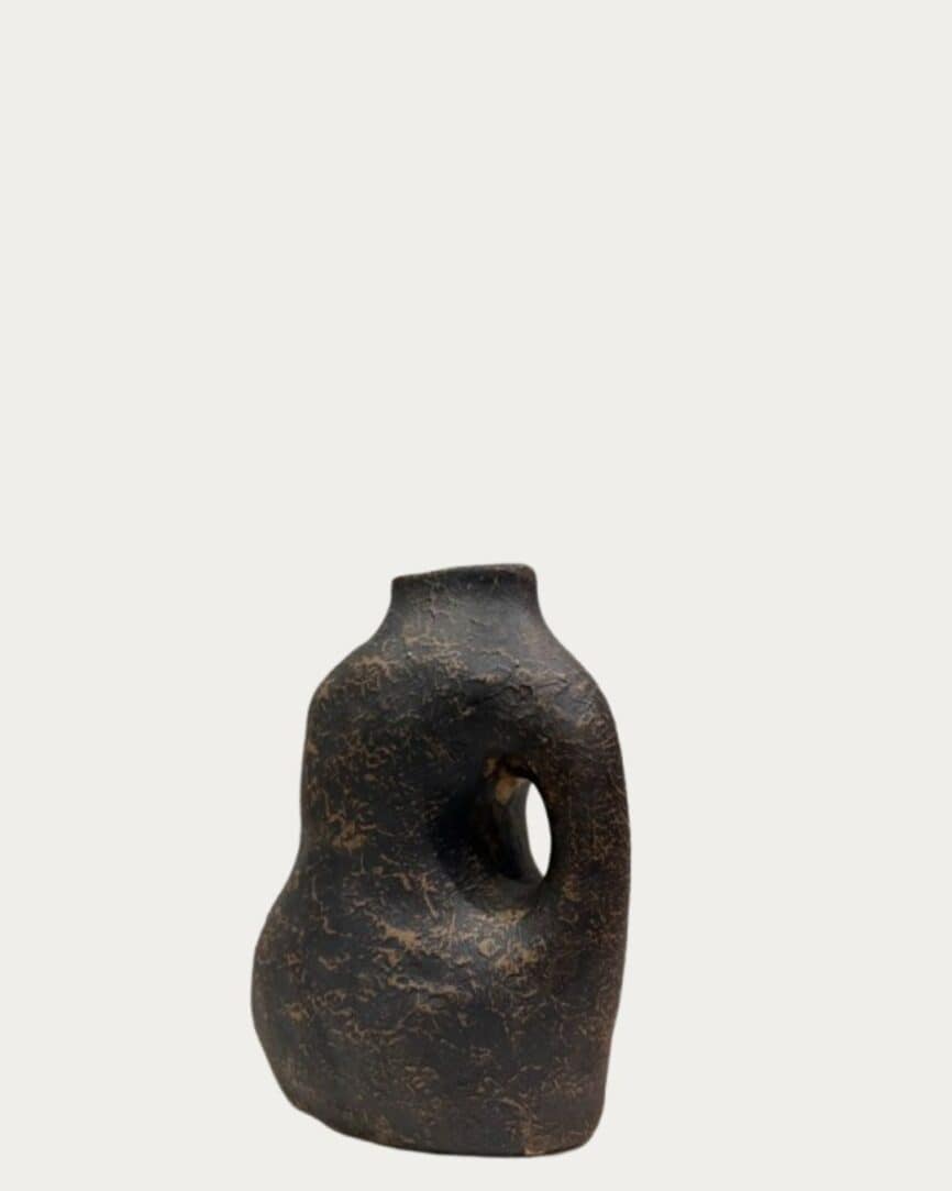 Cream and bronze textured irregular shape vase with a unique handle design, perfect for modern home.