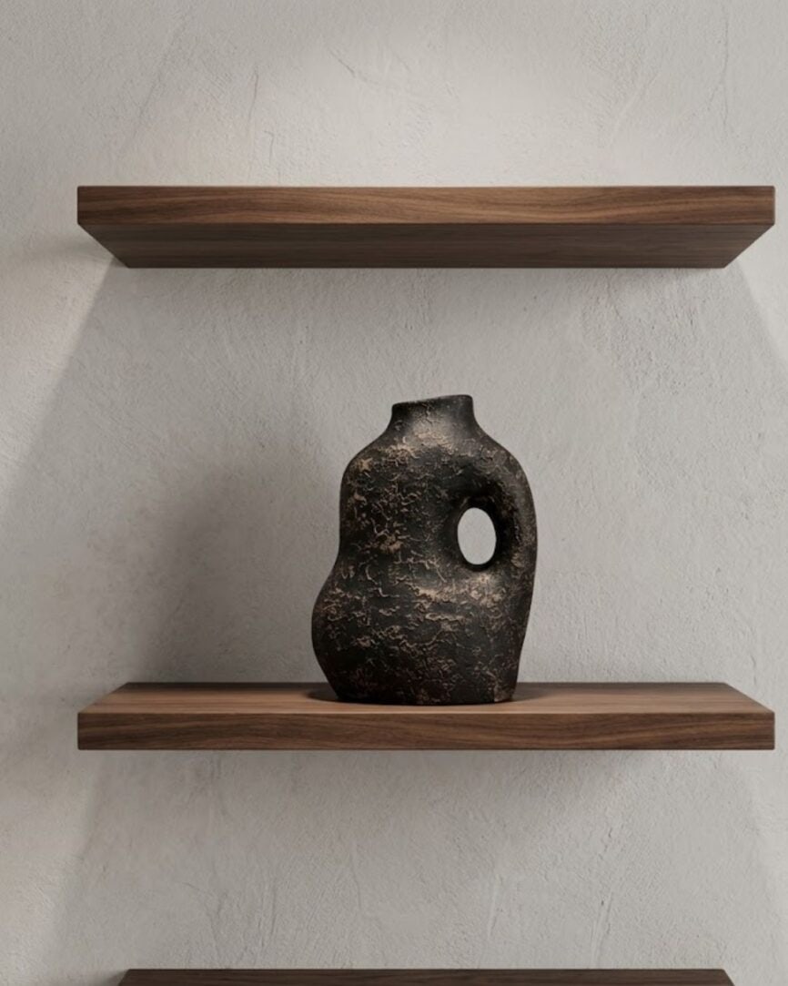 Cream and bronze textured irregular shape vase with a circular handle, displayed on wooden shelves i.