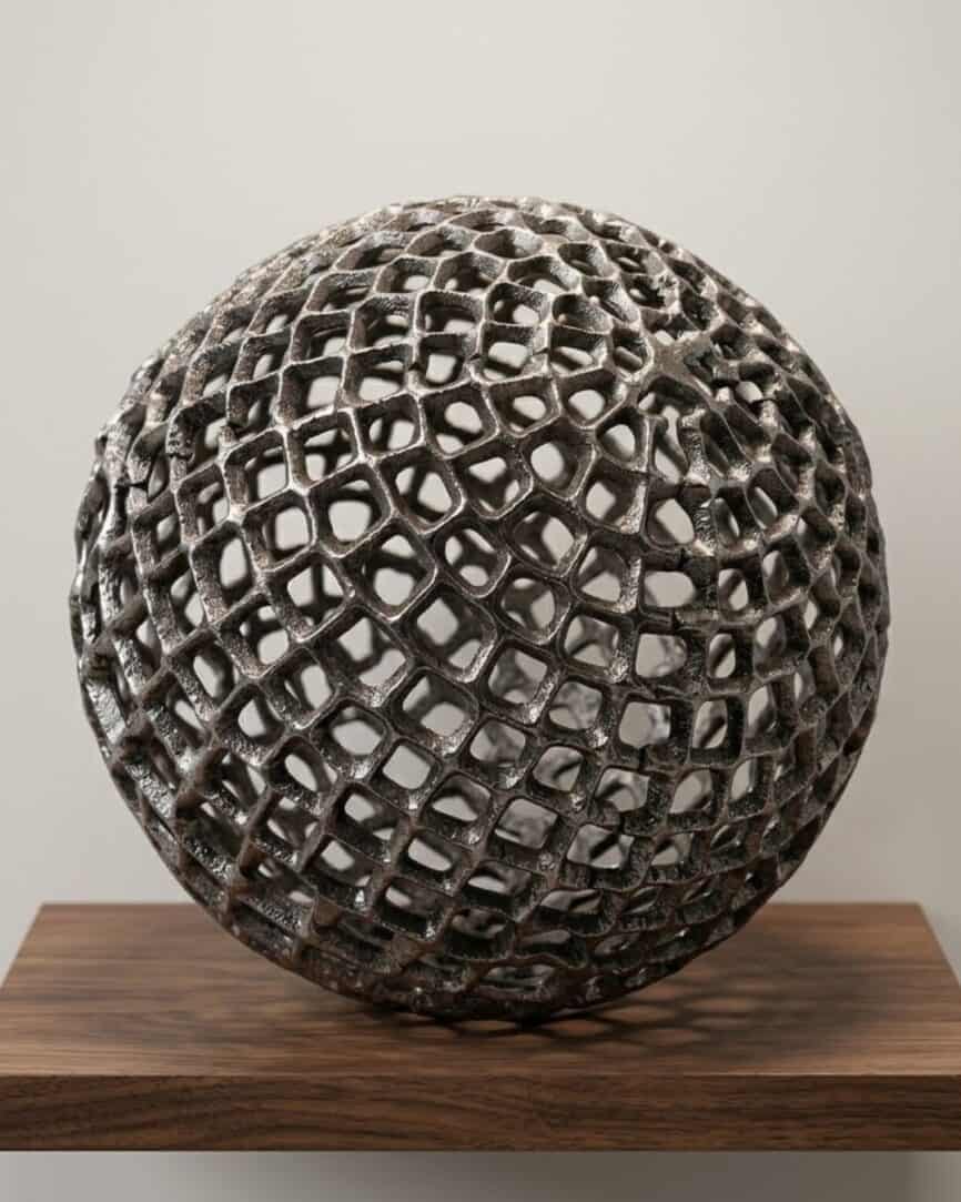 Shiny gold and silver metal decorative sphere with geometric lattice design for home decor.