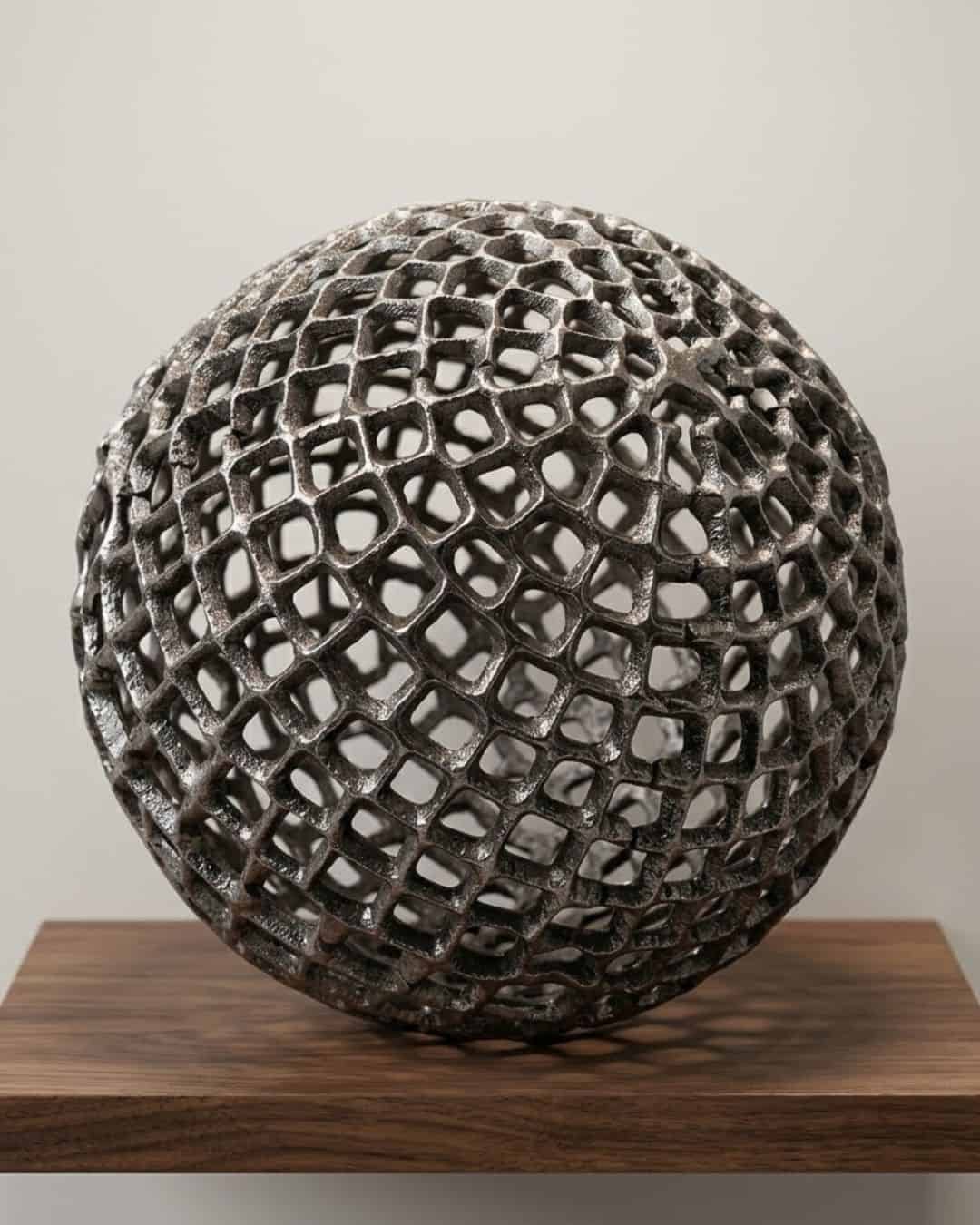 Shiny gold and silver metal decorative sphere with geometric lattice design for home decor.