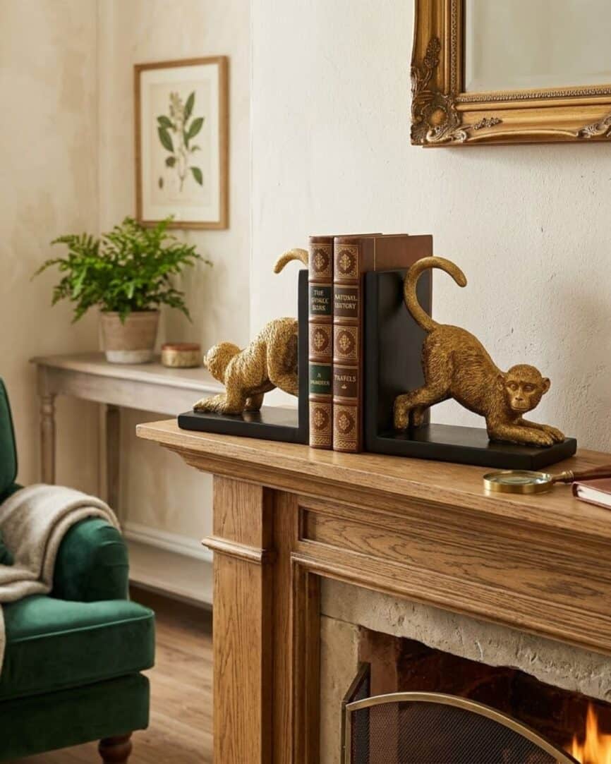 Goldtone monkey bookend on wooden mantel with books and decor, stylish home accent.