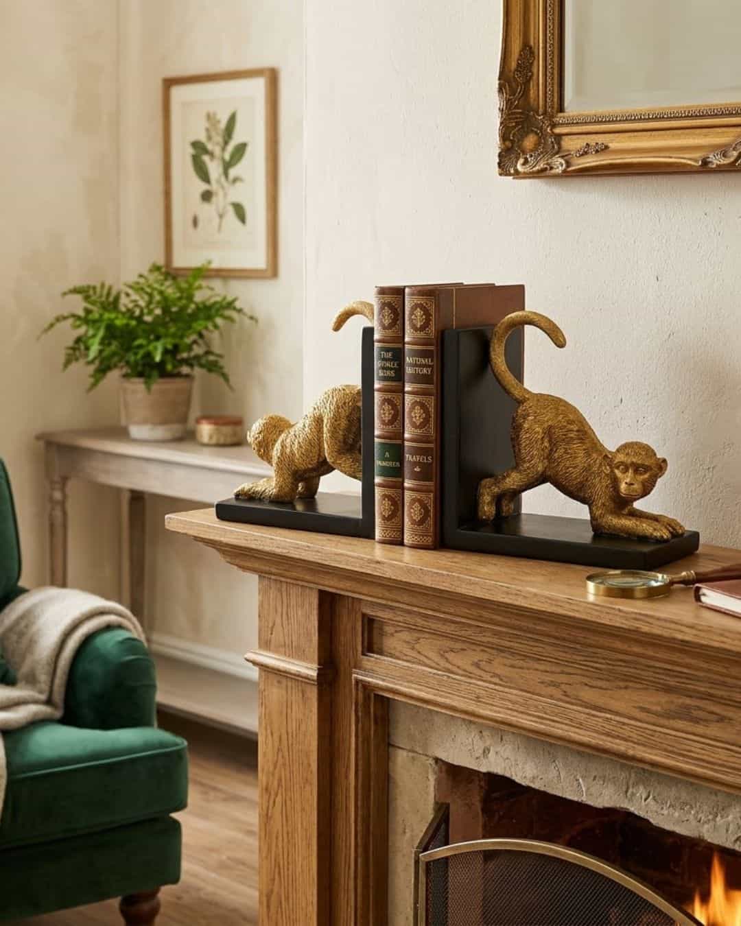 Goldtone monkey bookend on wooden mantel with books and decor, stylish home accent.