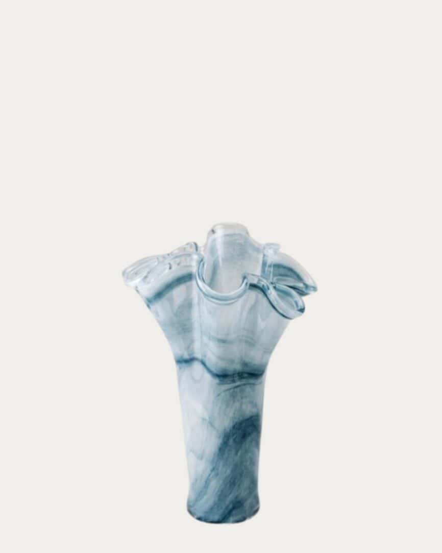 Green marble Murano vase with elegant ruffled top design, handcrafted glass art piece.