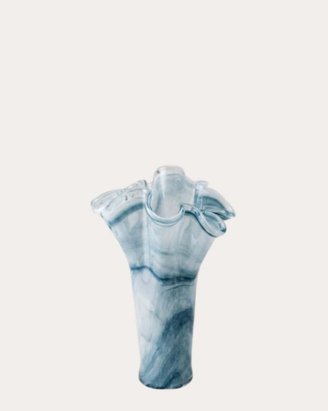 Green marble Murano vase with elegant ruffled top design, handcrafted glass art piece.