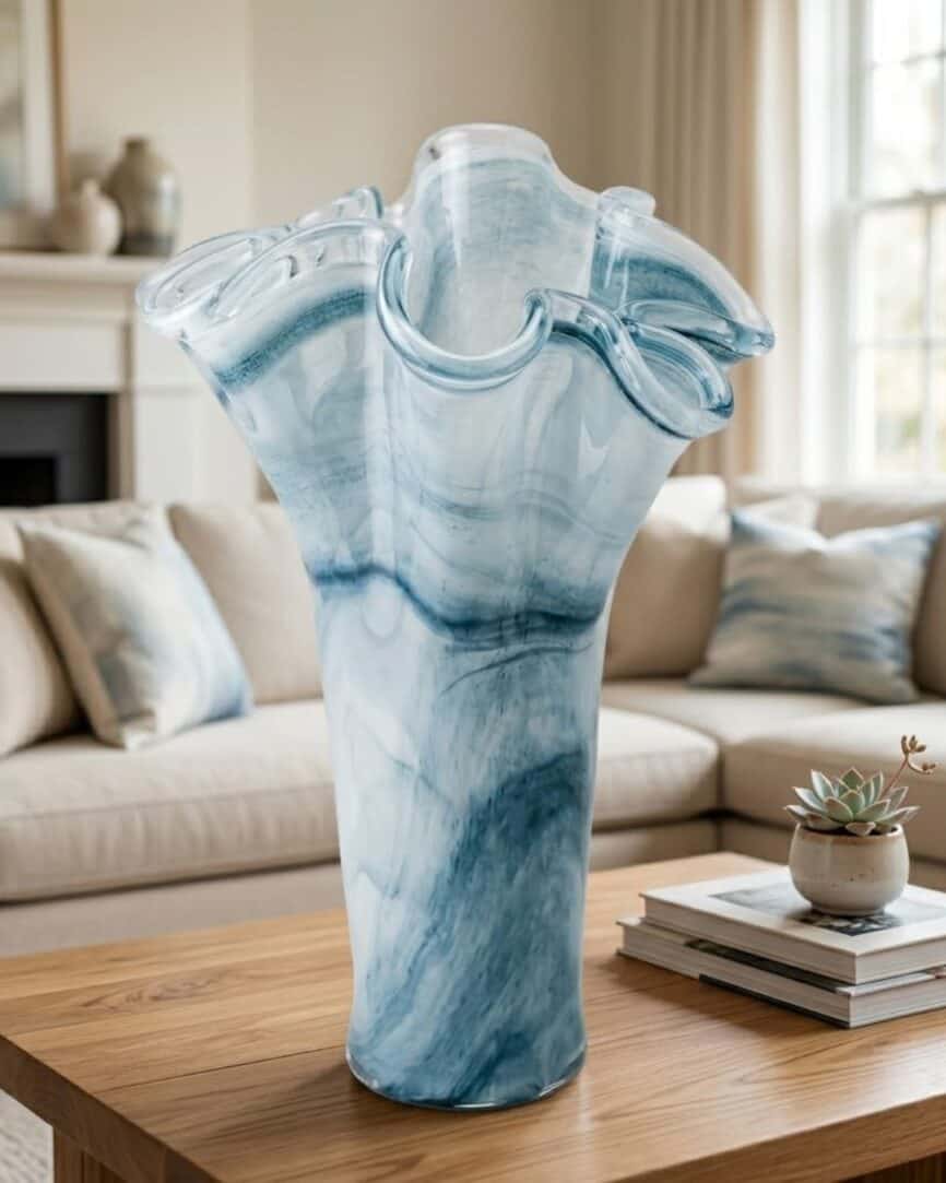 Blue marble Murano vase with a unique ruffled top, perfect for elegant home decor.
