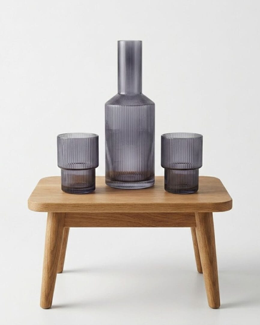 Ribbed glass drinking set with a bottle and two glasses on a wooden stand.
