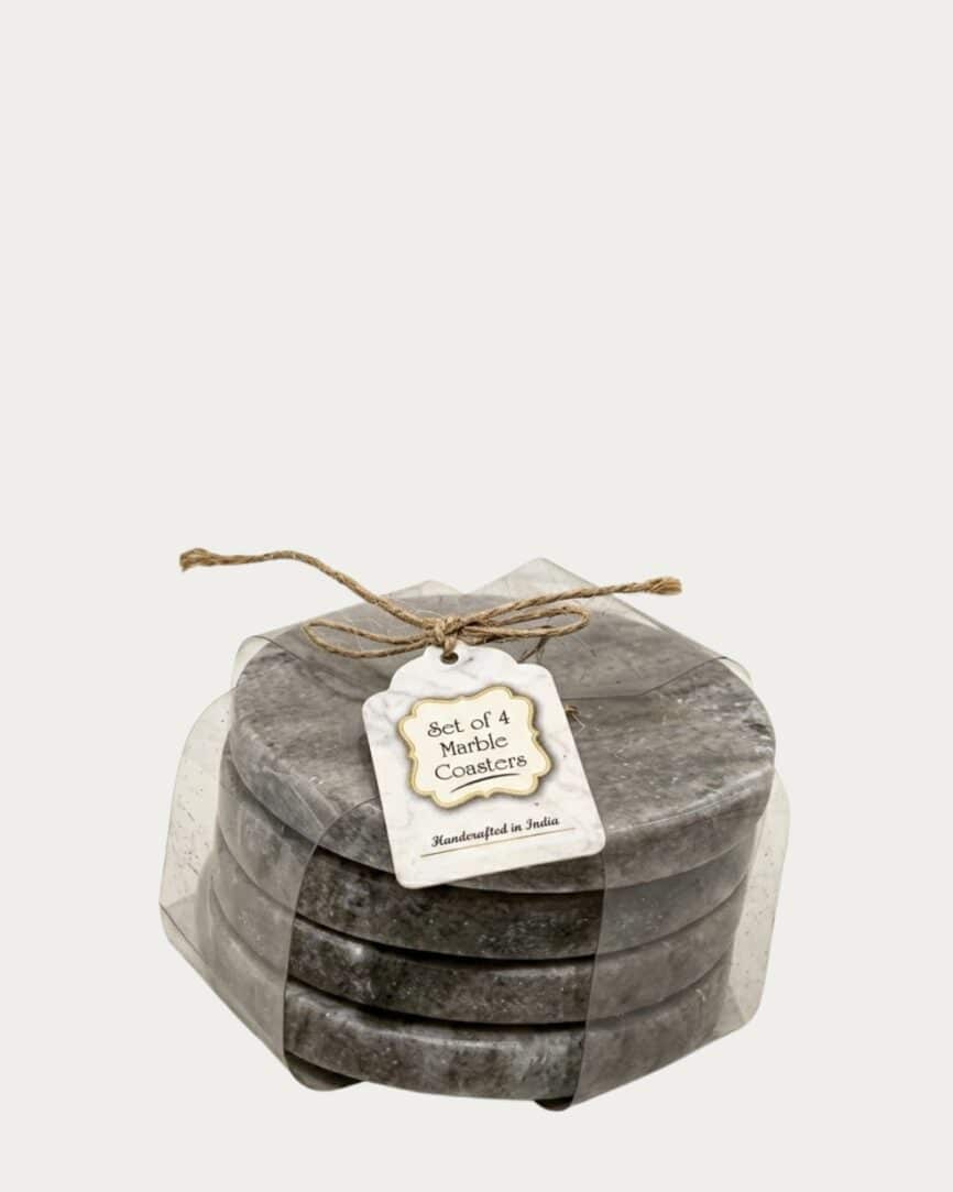 Grey marble coaster set with gold accents, 4-pack, elegant and functional home decor.