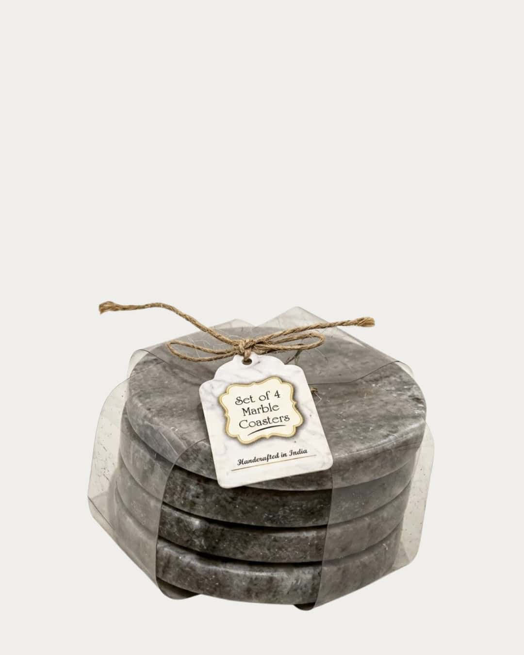 Grey marble coaster set with gold accents, 4-pack, elegant and functional home decor.