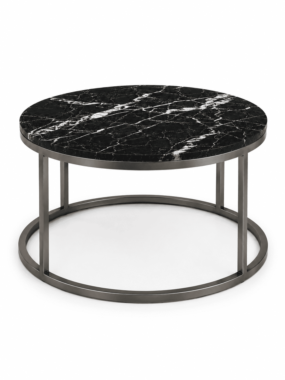 Round coffee table with black marble top and metal base.