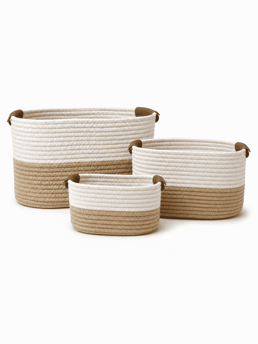 Cream and brown woven basket with leather handle set