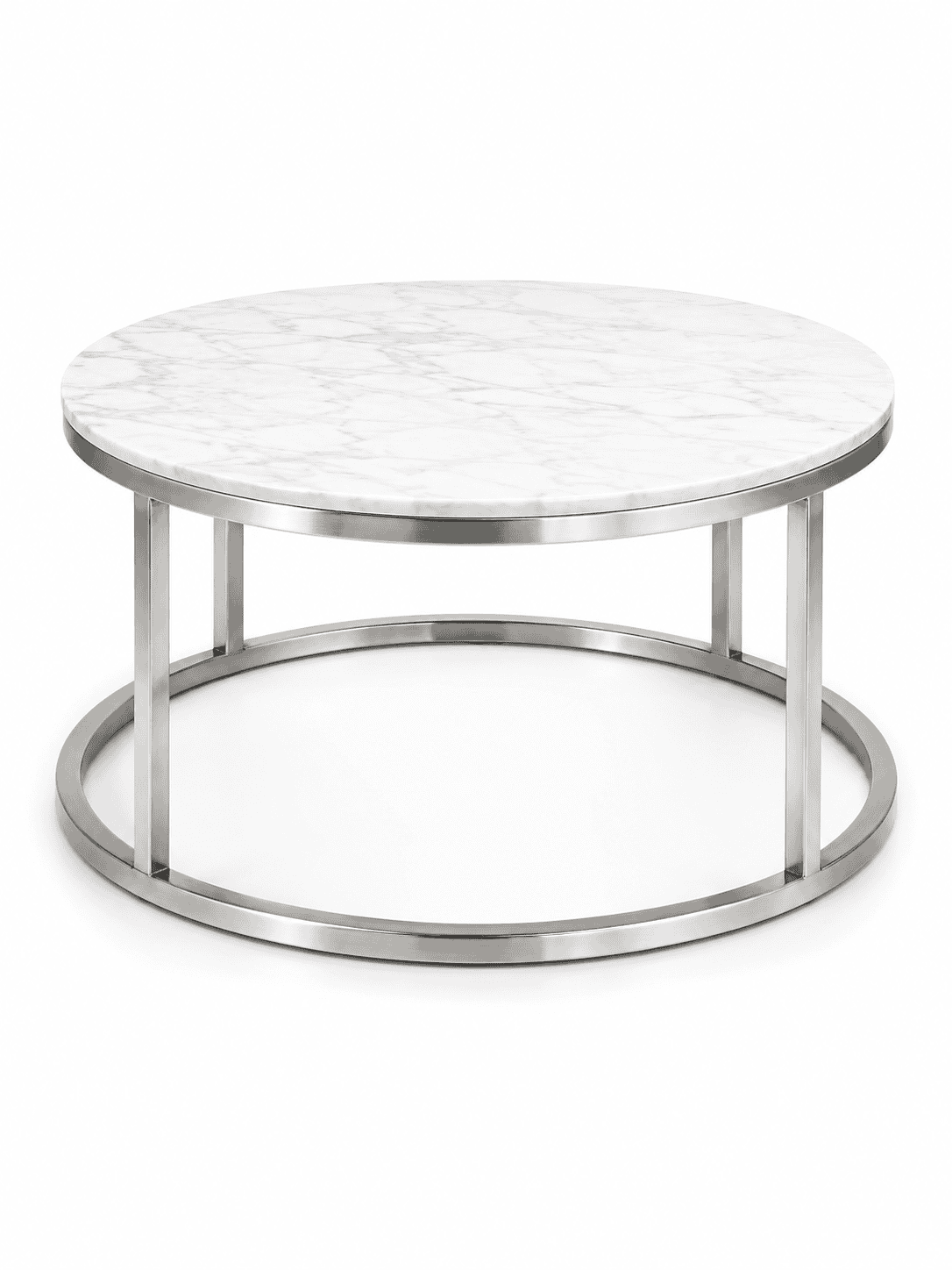 Round coffee table with marble top and metal frame for modern living rooms.