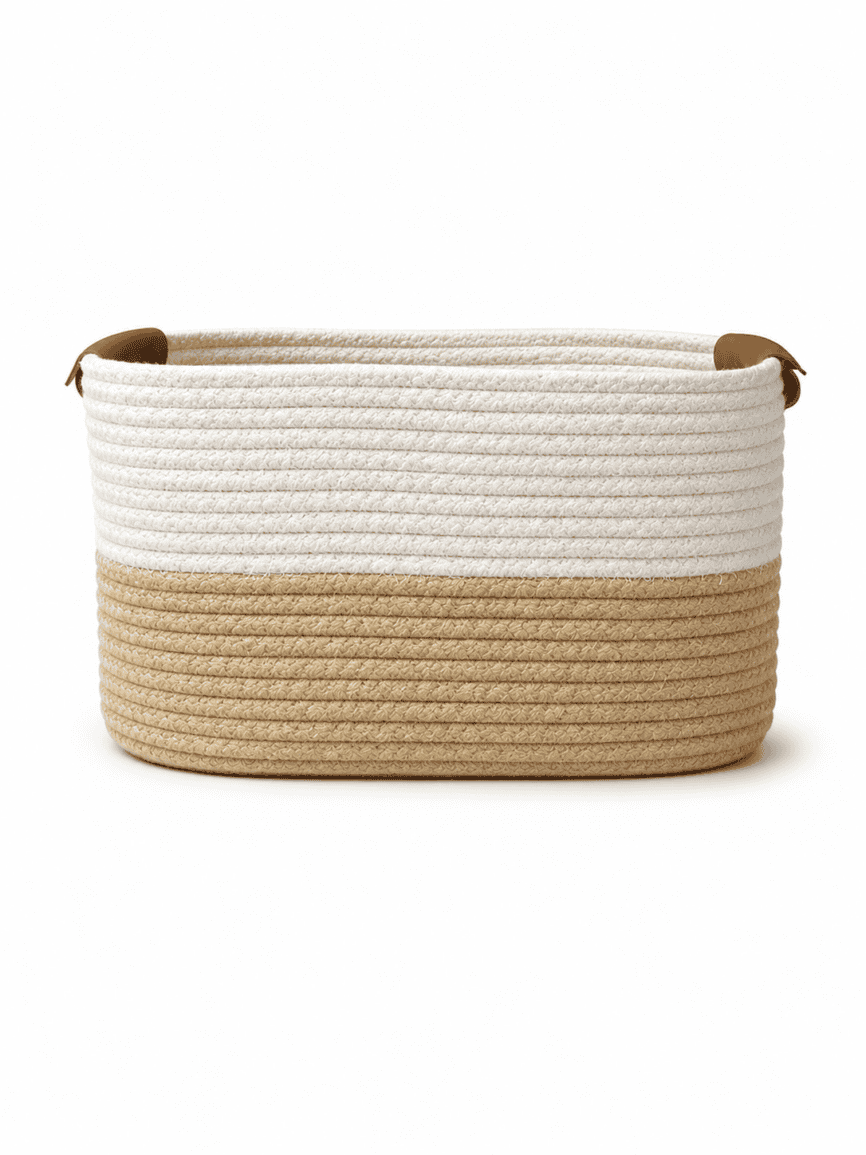 Cream and brown woven basket with leather handle