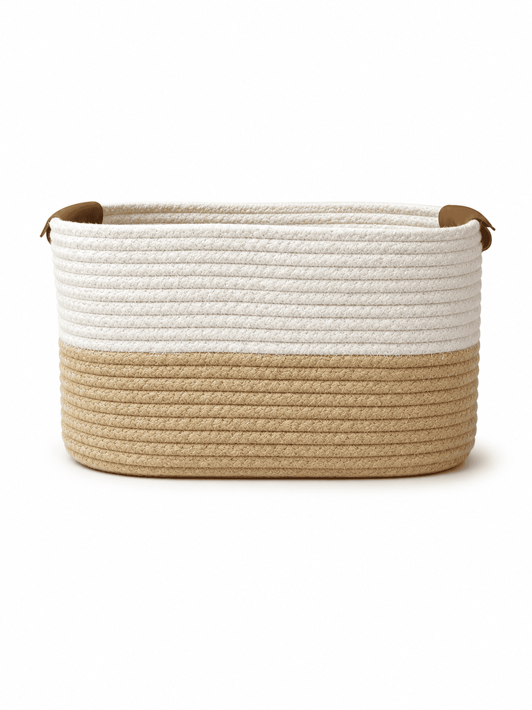 Cream and brown woven basket with leather handle